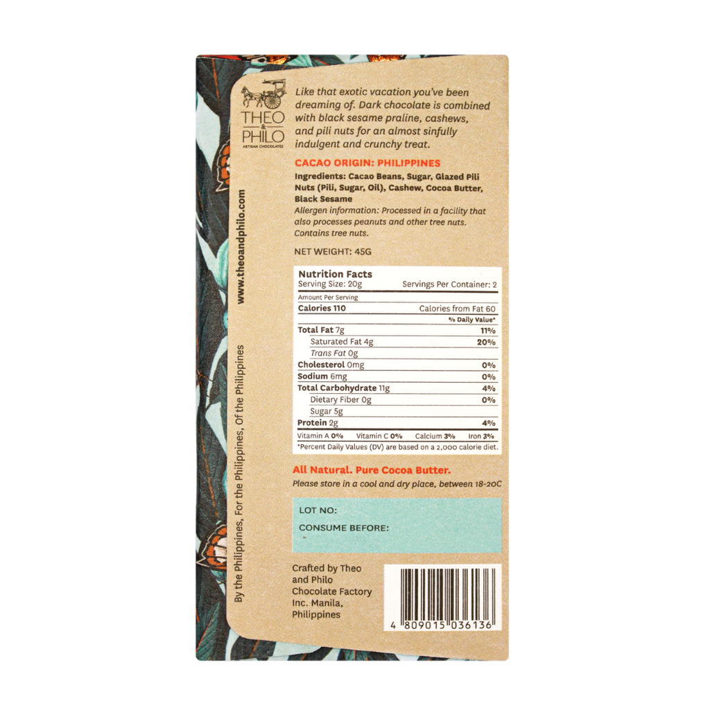 Theo and Philo Chocolates 65% Dark Chocolate with Black Sesame, Cashew, and Pili Nut Bar