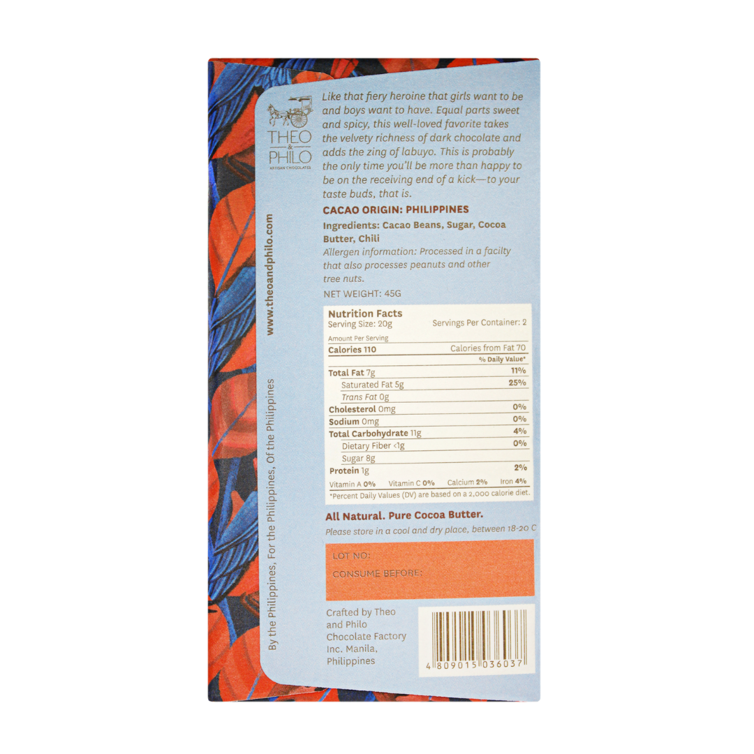 Theo and Philo Chocolates 65% Dark Chocolate with Labuyo Chili Bar