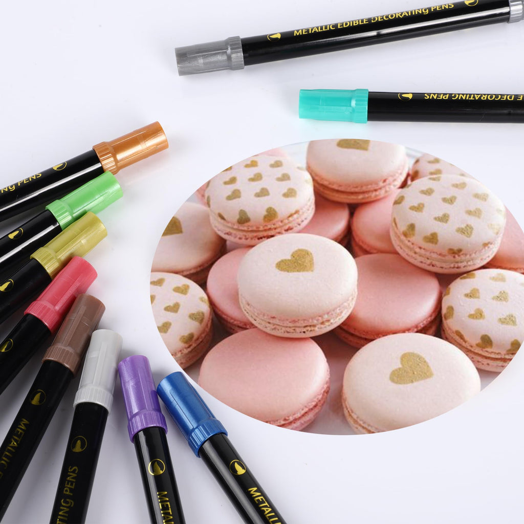 Preatoc Edible Metallic Markers, 10 Pcs. Upgrade Food Grade Gold Shimmering Pens for Baking