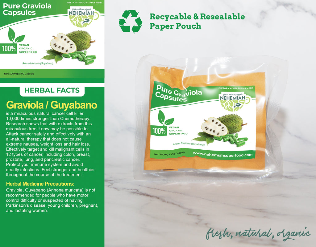 100% Natural Pure Graviola (Guyabano) CAPSULES - Organic Non-GMO 100's