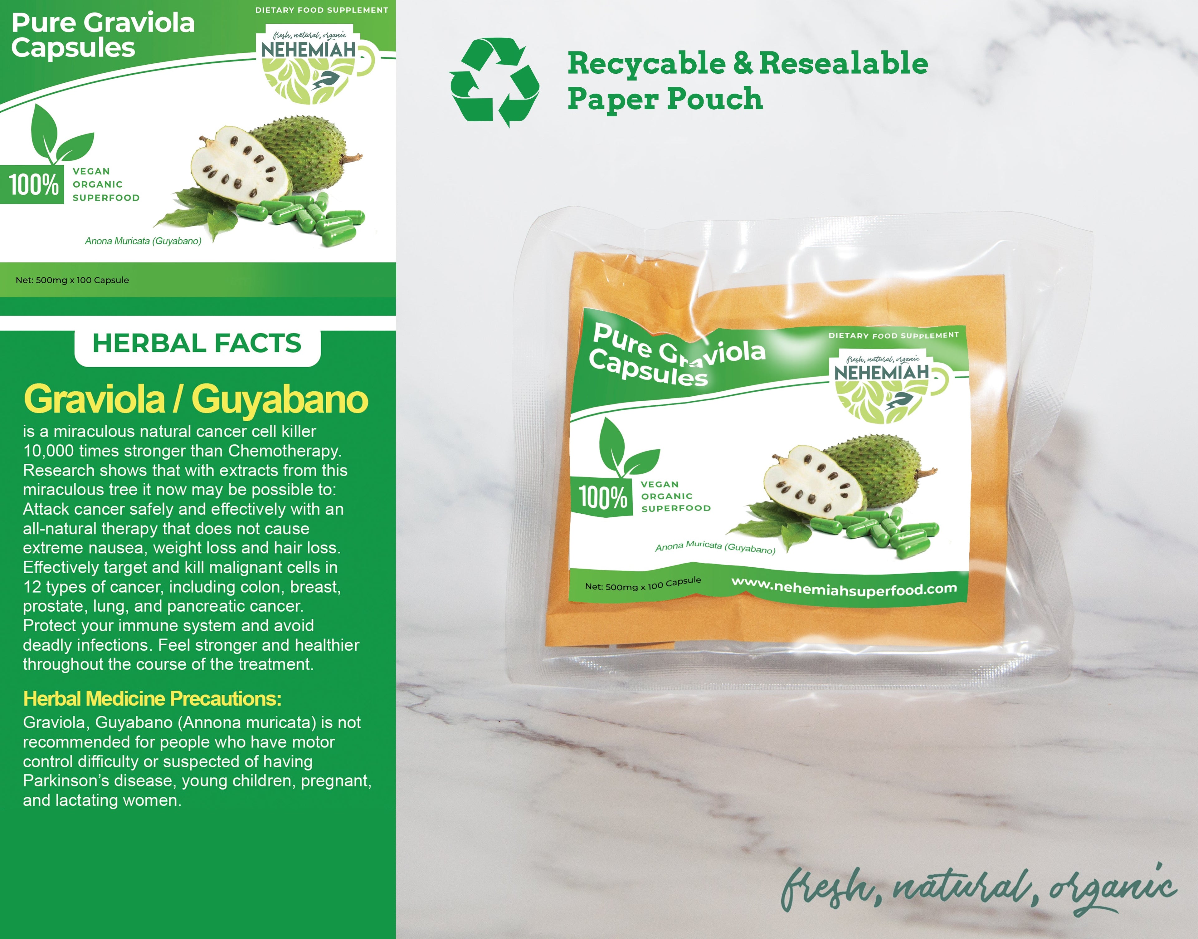 100% Natural Pure Graviola (Guyabano) CAPSULES - Organic Non-GMO 100's