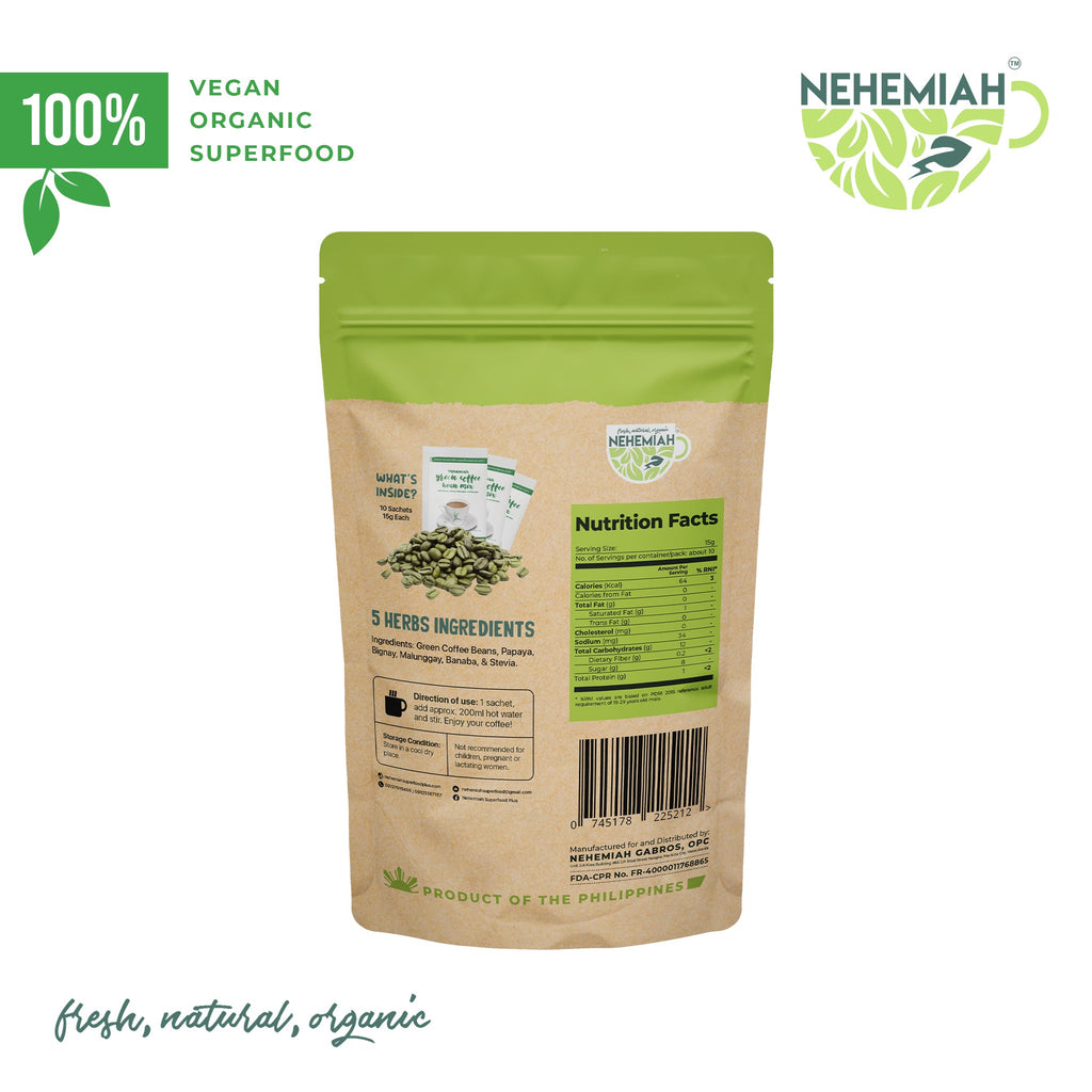 100% All Natural Green Coffee Bean Powder Mix with 5 Herbs Organic Non-GMO- 10pcs of 15g Sachets