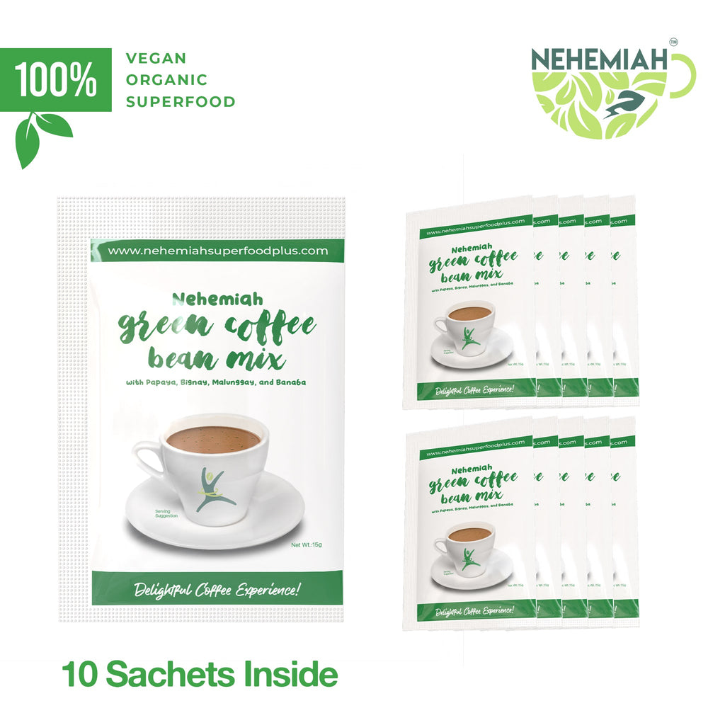 100% All Natural Green Coffee Bean Powder Mix with 5 Herbs Organic Non-GMO- 10pcs of 15g Sachets