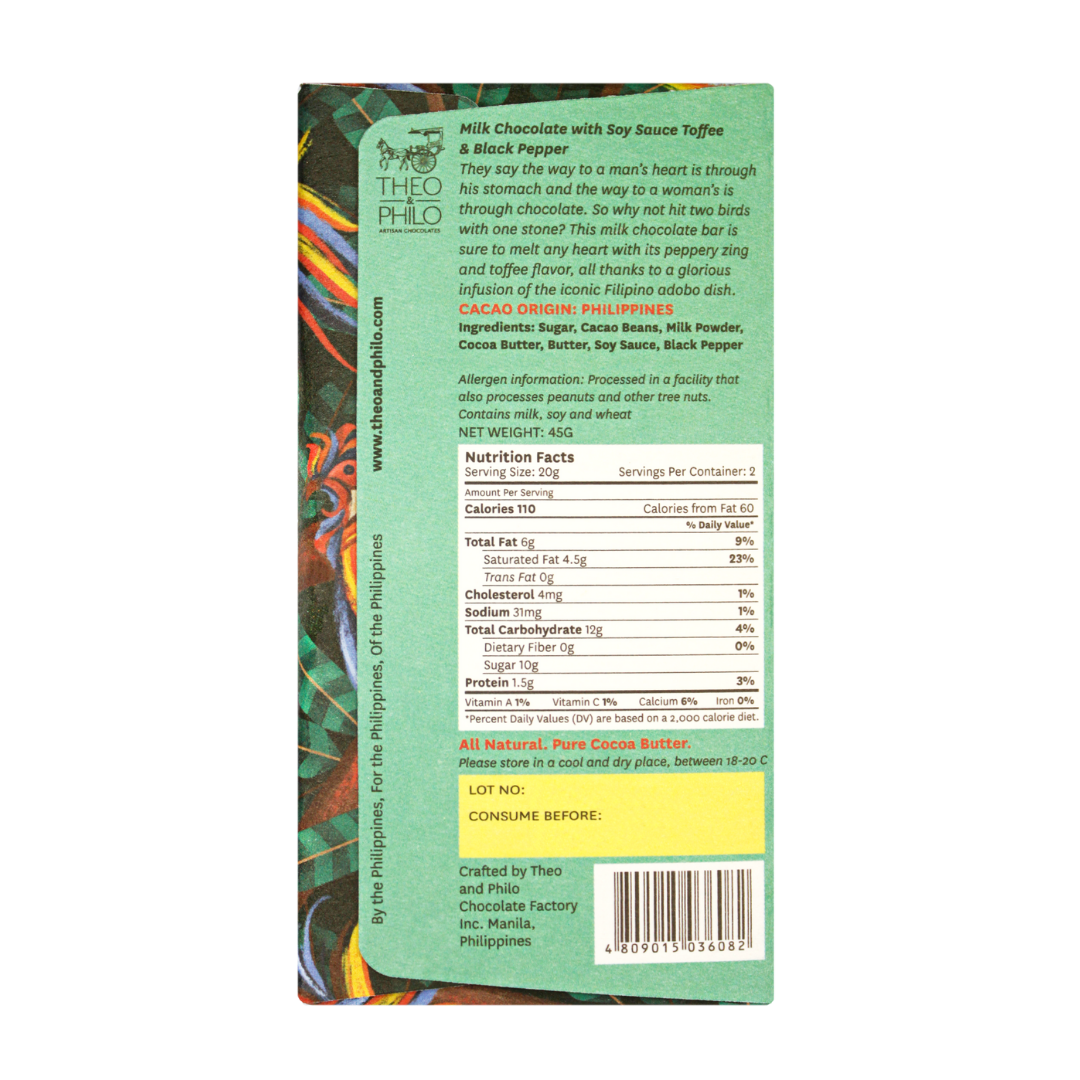 Theo and Philo Chocolates Milk Chocolate Adobo (Soy Sauce Toffee and Black Pepper) Bar