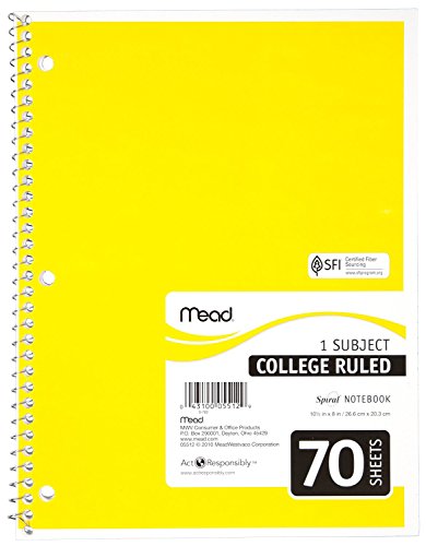 Mead Spiral Notebooks, 1 Subject, College Ruled, 70 Sheets