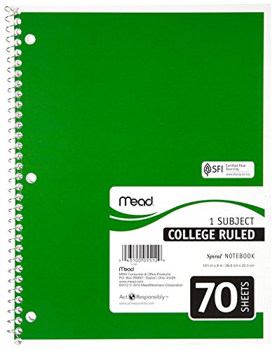 Mead Spiral Notebooks, 1 Subject, College Ruled, 70 Sheets