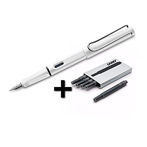 Lamy Safari Fountain Pen (19M) White & 5 Black Ink Cartridges