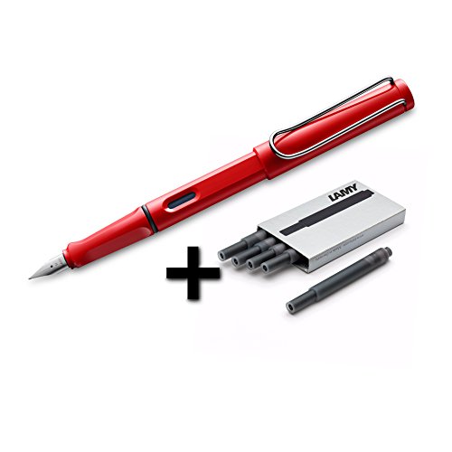 Lamy Safari Fountain Pen (16F) Hot Red + 5 Black Ink Cartridges