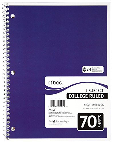 Mead Spiral Notebooks, 1 Subject, College Ruled, 70 Sheets
