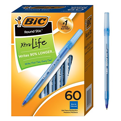 BIC Round Stic Xtra Life Ballpoint Pen, Medium Point (1.0mm), Blue, 60-Count (GSM609-BLUE)