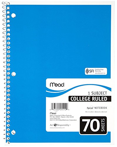 Mead Spiral Notebooks, 1 Subject, College Ruled, 70 Sheets