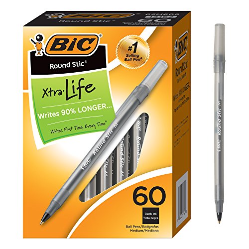 BIC Round Stic Xtra Life Ballpoint Pen, Medium Point (1.0mm), Black, 60-Count