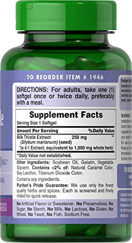 Puritans Pride Milk Thistle Extract 1000 Mg (Silymarin) Softgels, 180 Count